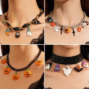 Halloween Choker Necklace With Alloy Enamel Ghost Pumpkin Bat Charms Ribbon Braided Cord Gothic Party Jewelry For Women