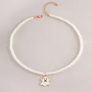Handmade Halloween faux pearl choker necklace with white enamel sad ghost pendant decoration
