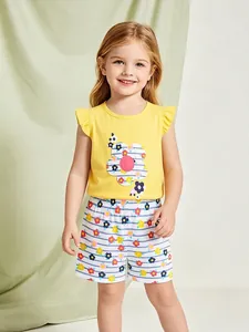 Peuter Meisjes Zomer Kleding Set Katoen Wapperende Mouwen Gele Top Bloemen Applicatie En Blauw Gestreepte Shorts 2-Delig