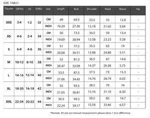 Size chart for round neck short sleeve T-shirt showing CM and INCH measurements