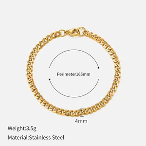 Gold-plated stainless steel curb chain bracelet featuring detailed size measurements