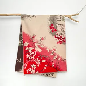 Vintage ethnic floral print thick scarf with magnolia pattern in red and beige colors