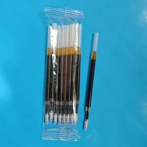 Close-up detail of black ink ballpoint pen refills in transparent plastic packaging