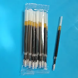 Detailed macro shot of bulk black ink gel pen refills in transparent plastic bag