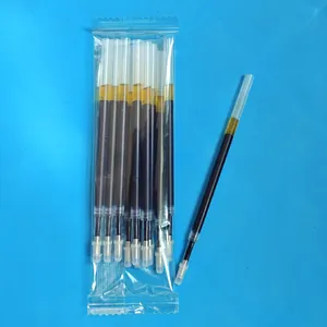 Detailed macro view showing a pack of black gel pen refills in transparent packaging.