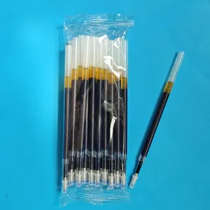 Detailed close-up view of bulk black gel pen refills in transparent plastic bag packaging.