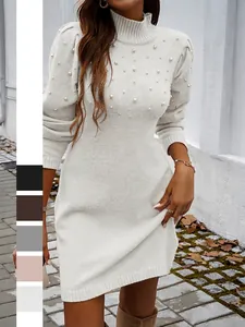 Robe Midi En Tricot Pull Col Haut Manches Bouffantes Longues Künstliche Perles Brodées Élégante Couleur Unie Pour Femmes