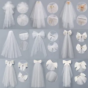 French Sweet Satin Bow Bridal Veil Ribbon Tulle Headpiece With Rhinestone Artificial Pearl Wedding Party Brides Jewelry