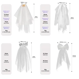 Detailed dimensions and weight specifications for four styles of white French bridal veils