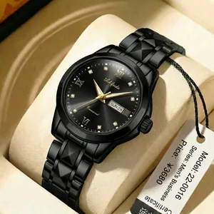 Elegant black stainless steel business watch with gold accents and date display