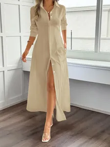 Abito a camicia elegante a maniche lunghe da donna, stile maxi casual per le vacanze