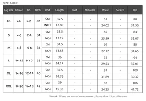 Detailed size chart for the elegant bodycon mini skirt with CM and inch measurements.