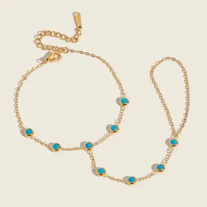 925 Sterling Silver Hand Chain With Artificial Turquoise Gold Plated Slave Bracelet Finger Ring Link Bracelet For Women Bohemian Jewelry