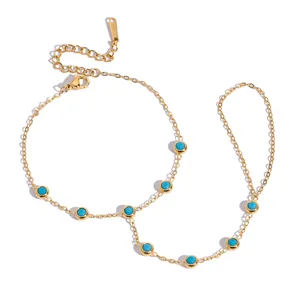 Bohemian turquoise stone hand harness bracelet crafted in 18K gold plated stainless steel.
