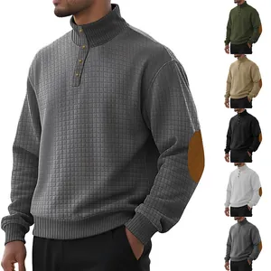 Men Sweatshirt Waffle Knit Stand Collar Button Pullover Casual Long Sleeve Patchwork Elbow Patch Polyester Top