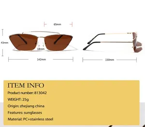 Vue détaillée complète des lunettes de soleil œil de chat avec dimensions et matériaux
