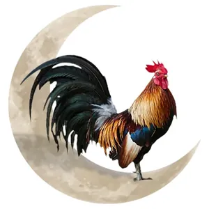 Detailed graphic of a colorful rooster standing on a crescent moon for yard signs