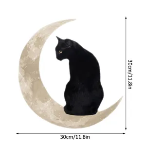 Black cat sitting on crescent moon decorative metal wall sign for home and garden