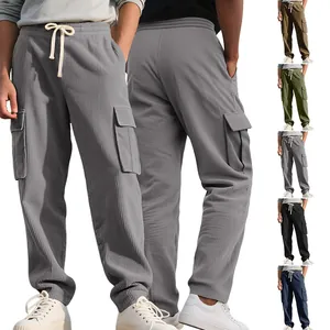 Men Cargo Pants Corduroy Elastic Drawstring Waist Multi Pockets Loose Straight Leg Casual Retro Trousers