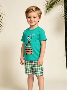 Ensemble de Vêtements d'Été 100% Coton pour Garçons T-Shirt à Manches Courtes Imprimé Dessin Animé et Short à Carreaux Tenue Décontractée Deux Pièces pour Enfants