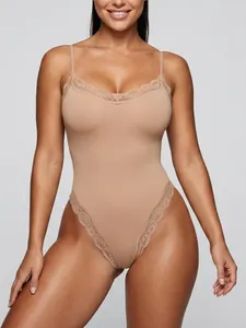 Sexy nude lace-trimmed bodysuit with adjustable straps for women's shapewear