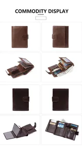 Viste dettagliate del portafoglio in vera pelle retrò con fessure per carte e portamonete.