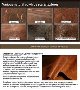 Dettaglio in pelle Crazy Horse che mostra le texture naturali del cuoio vintage.