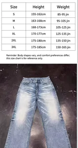 Vintage American light blue wide-leg denim jeans with comprehensive size chart for men