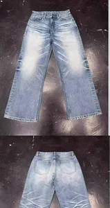 Front and back detail views of vintage light blue loose wide-leg denim jeans for men.