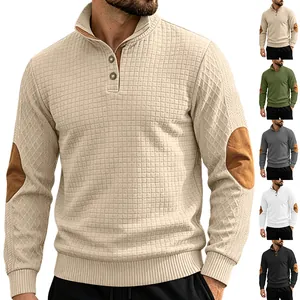 Men Sweatshirt Waffle Knit Jacquard Square Textured Lapel Collar Button Long Sleeve Casual Outdoor With Elbow Patches