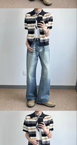 Full body and detail view of retro American loose wide-leg blue denim jeans for men.