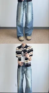 Close-up and full view of vintage-style wide-leg washed denim jeans for men
