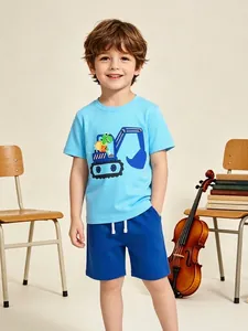 Boys Summer Cotton Clothing Set Cartoon Dinosaur Excavator Print Short Sleeve T-Shirt And Shorts Casual Kids Outfit