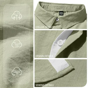 Close-up view of the sage green men's cotton linen shirt collar and fabric texture