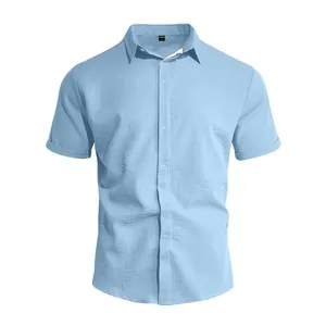 Classic men's light blue short-sleeved casual button-down shirt with a lapel collar