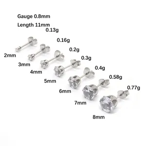 Detailed measurement chart for stainless steel crown-set zirconia stud earrings, sizes 2mm to 8mm.