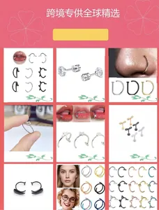 Collage of stainless steel piercing jewelry set including nose rings and ear studs.