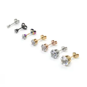 Detailed view of six-prong crown zirconia earrings in multiple sizes and colors.