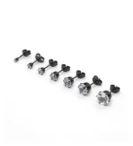 Detailed view of six-prong zircon stud earrings in various sizes for display