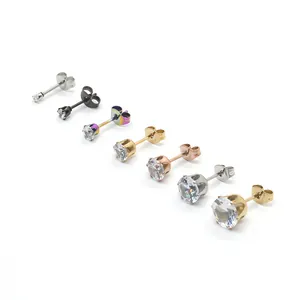 Stainless Steel Zirconia Stud Earrings Round Brilliant Cut Six Prong Crown Design Unisex Fashion Jewelry Ear Bone Studs