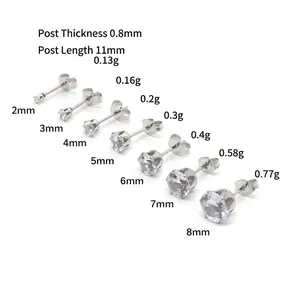 Stainless steel cubic zirconia stud earrings set with sizes from 2mm to 8mm