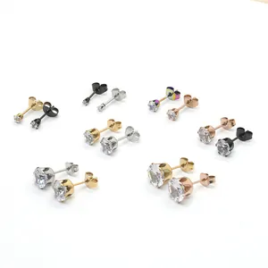 Set of stainless steel stud earrings with 6-prong round cubic zirconia in varied sizes