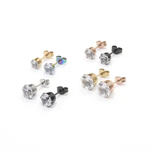Set of stainless steel six-prong zircon stud earrings in various metallic finishes.