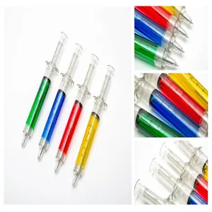 Detail shots showing color variety and scale markings of syringe-shaped ballpoint pens