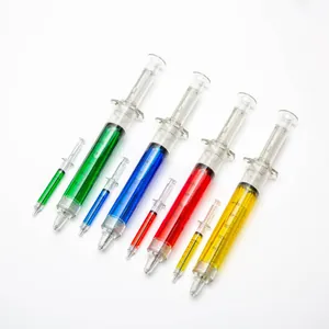Creative multi-colored syringe shaped ballpoint pens in two sizes on white background.