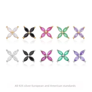 925 Sterling Silver Flower Stud Earrings For Women Colorful Zirconia Inlaid Clover Earrings Gold Silver Plated Jewelry Gift