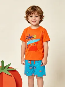 Boys Summer Cotton Clothing Set Short Sleeve Orange T-Shirt And Lake Blue Shorts Cartoon Crab Tropical Print Outfits