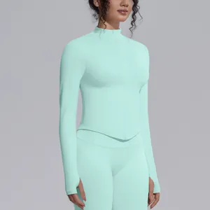 Detailed view of mint green slim-fit sports jacket with a stand-up collar and zip