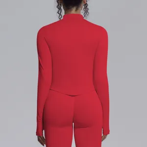 Back view of a red seamless high-elastic stand-collar athletic yoga jacket for women