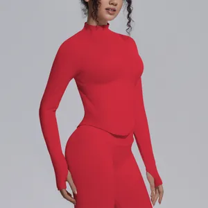 Premium seamless red sports top with stand collar and thumbholes for yoga and running